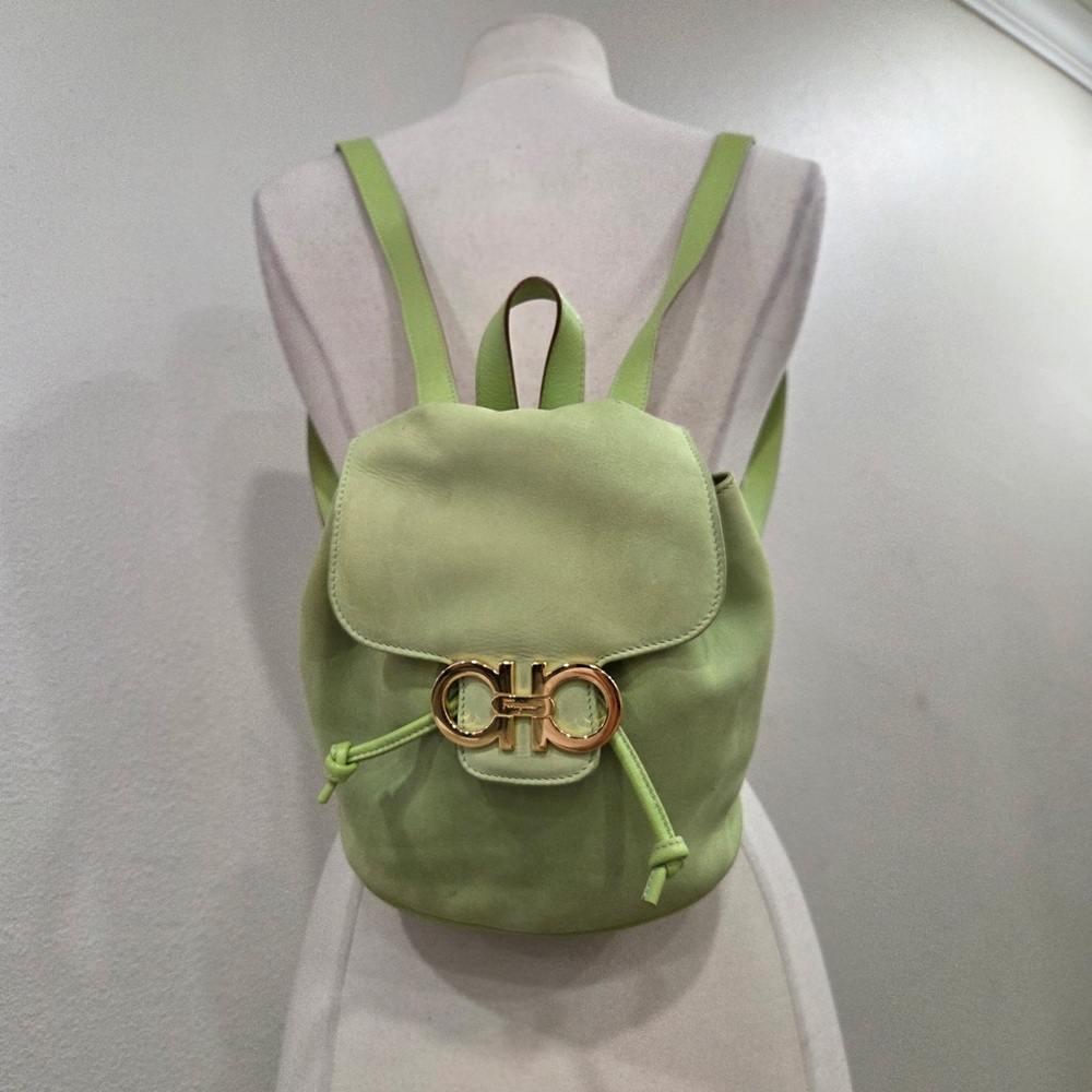 Salvatore Ferragamo Lime Green Backpack with Gold Accent